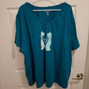 dreams co 5X Teal V Neck T Shirt Two Cats Heart Valentines Graphic Print‎ Top